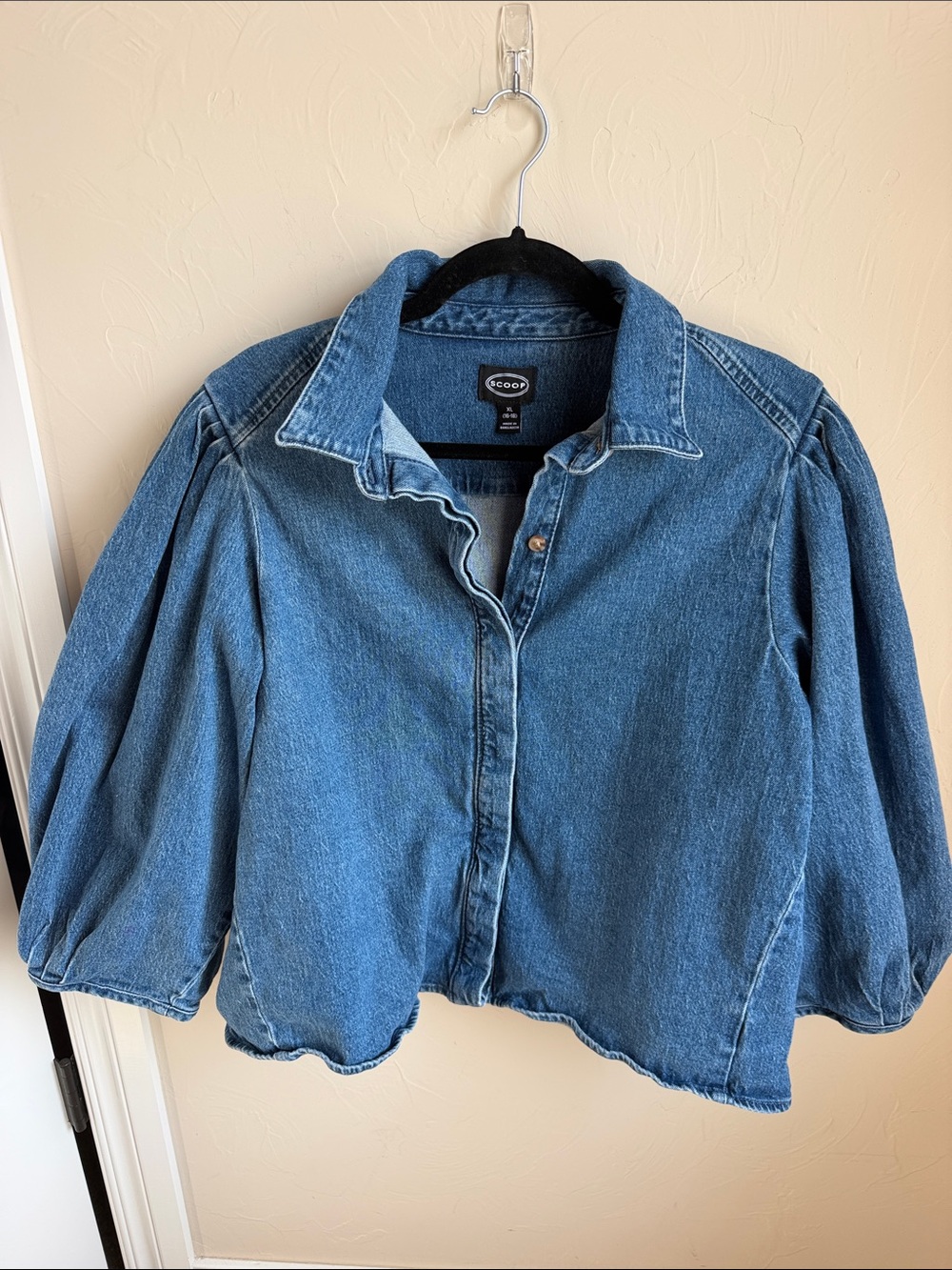 Scoop Women's Blue Denim Button- Puff Sleeve Shirt